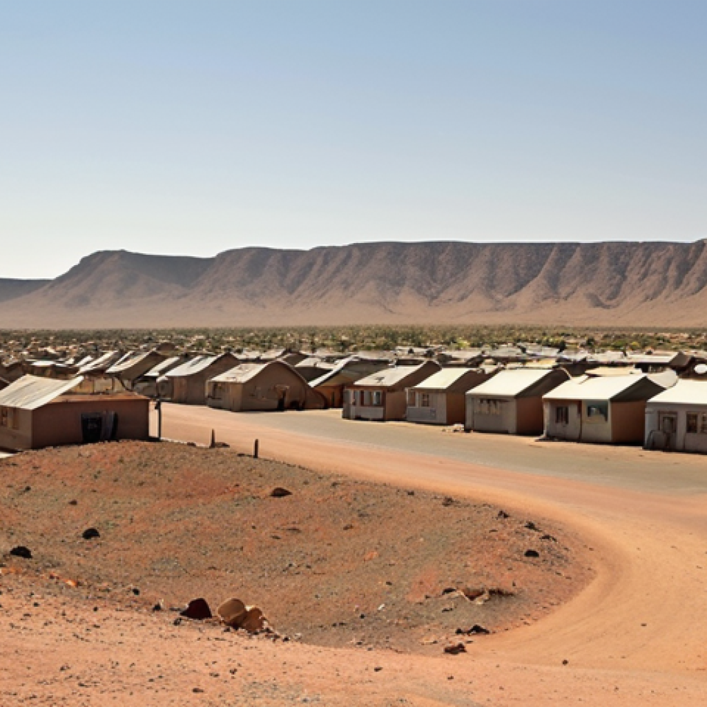 **"Namibian landscape under apartheid. Segregated town in the background, a hopeful horizon in the front."** (This focuses on the physical division and hopes for the future)