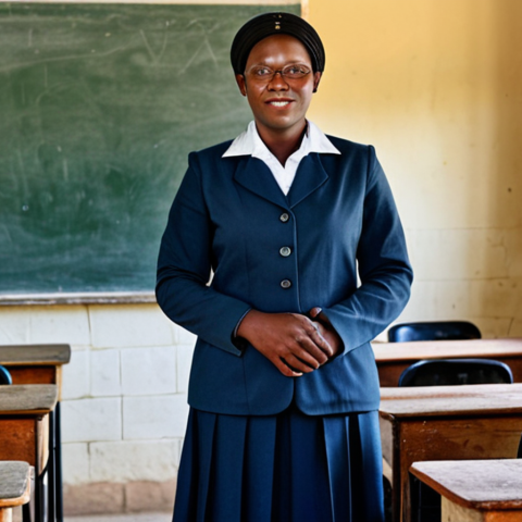 **
"A Namibian teacher in a fully clothed, professional outfit, standing in a rural classroom with children, modest attire, safe for work, appropriate content, perfect anatomy, correct proportions, natural pose, educational setting, family-friendly, high quality, professional photography."
**
