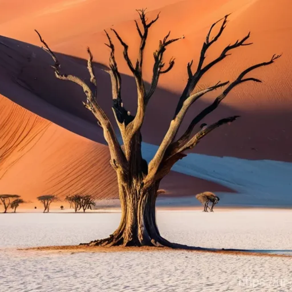나미비아 자연과 환경 - **Sossusvlei's Ancient Mystery at Dawn:**
A wide, breathtaking shot of Sossusvlei in the Namib D...