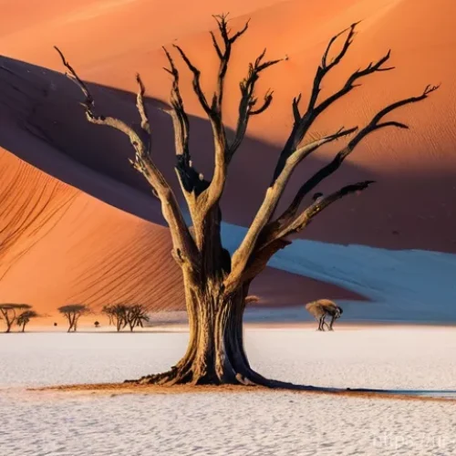 Home 21 나미비아 자연과 환경 - **Sossusvlei's Ancient Mystery at Dawn:**
A wide, breathtaking shot of Sossusvlei in the Namib D...