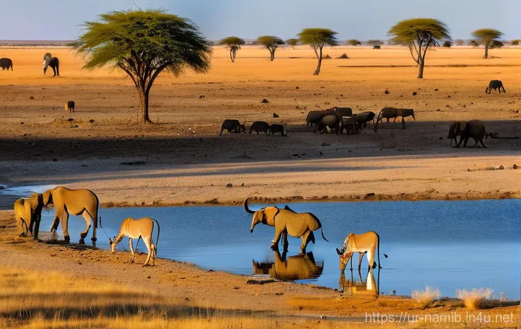 나미비아 자연과 환경 - **Sossusvlei's Ancient Mystery at Dawn:**
    A wide, breathtaking shot of Sossusvlei in the Namib D...